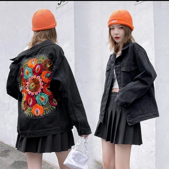 Black Denim Floral Embroidered Oversized Jacket - Picture 1 of 15